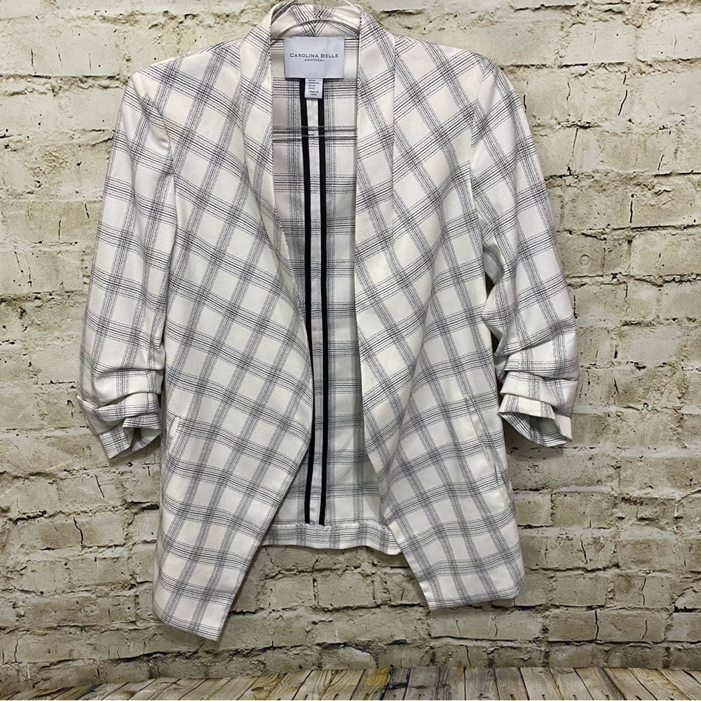 Carolina Belle Black Ivory Plaid Ruched 3/4 Sleeve Open Front Blazer